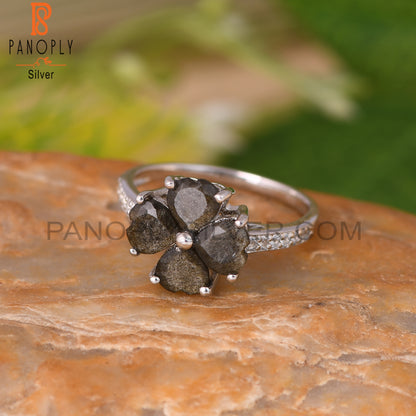 Green Sheen Obsidian, White Topaz Heart 925 Flower Ring
