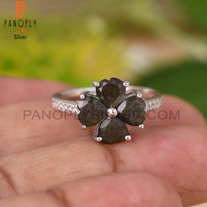 Green Sheen Obsidian, White Topaz Heart 925 Flower Ring