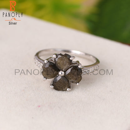 Green Sheen Obsidian, White Topaz Heart 925 Flower Ring
