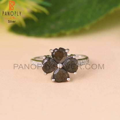 Green Sheen Obsidian, White Topaz Heart 925 Flower Ring