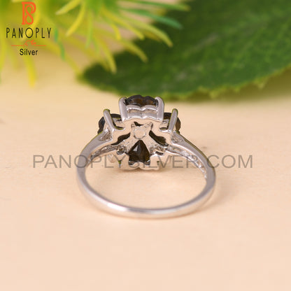 Green Sheen Obsidian, White Topaz Heart 925 Flower Ring