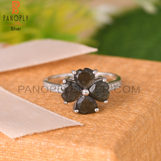 Green Sheen Obsidian, White Topaz Heart 925 Flower Ring