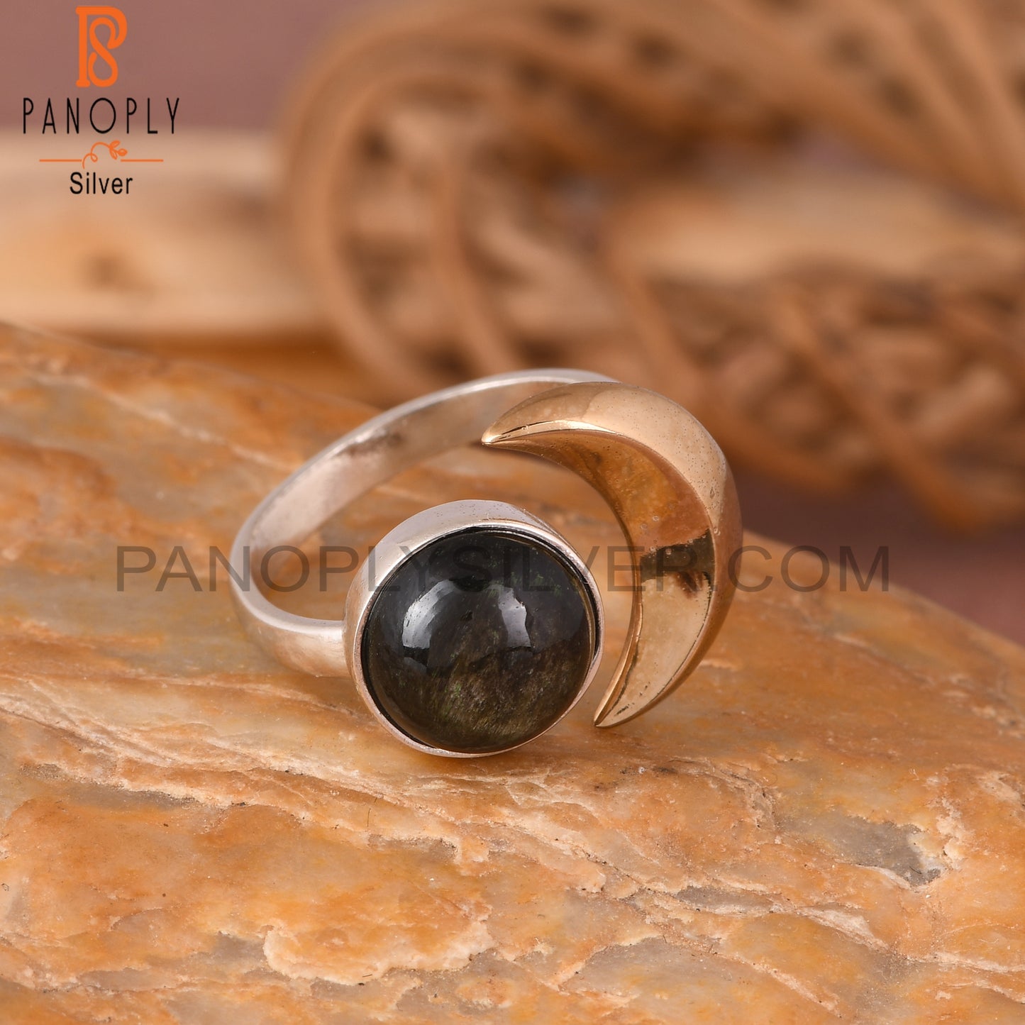 Gold Sheen Obsidian Moon 925 Sterling Silver Ring