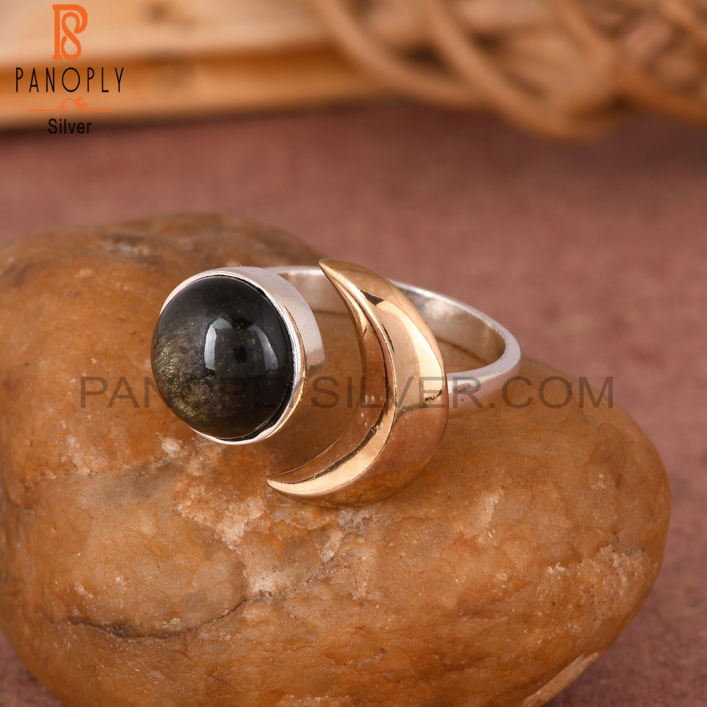 Gold Sheen Obsidian Moon 925 Sterling Silver Ring