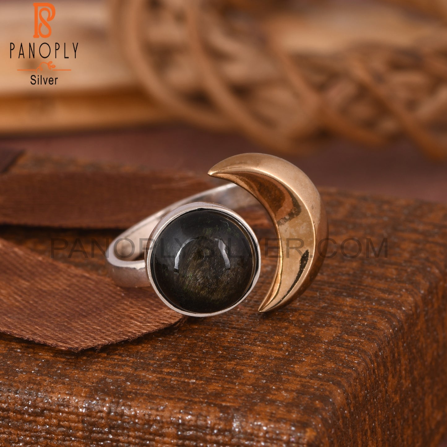 Gold Sheen Obsidian Moon 925 Sterling Silver Ring
