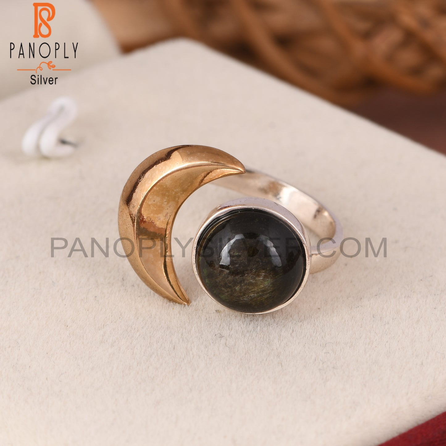 Gold Sheen Obsidian Moon 925 Sterling Silver Ring