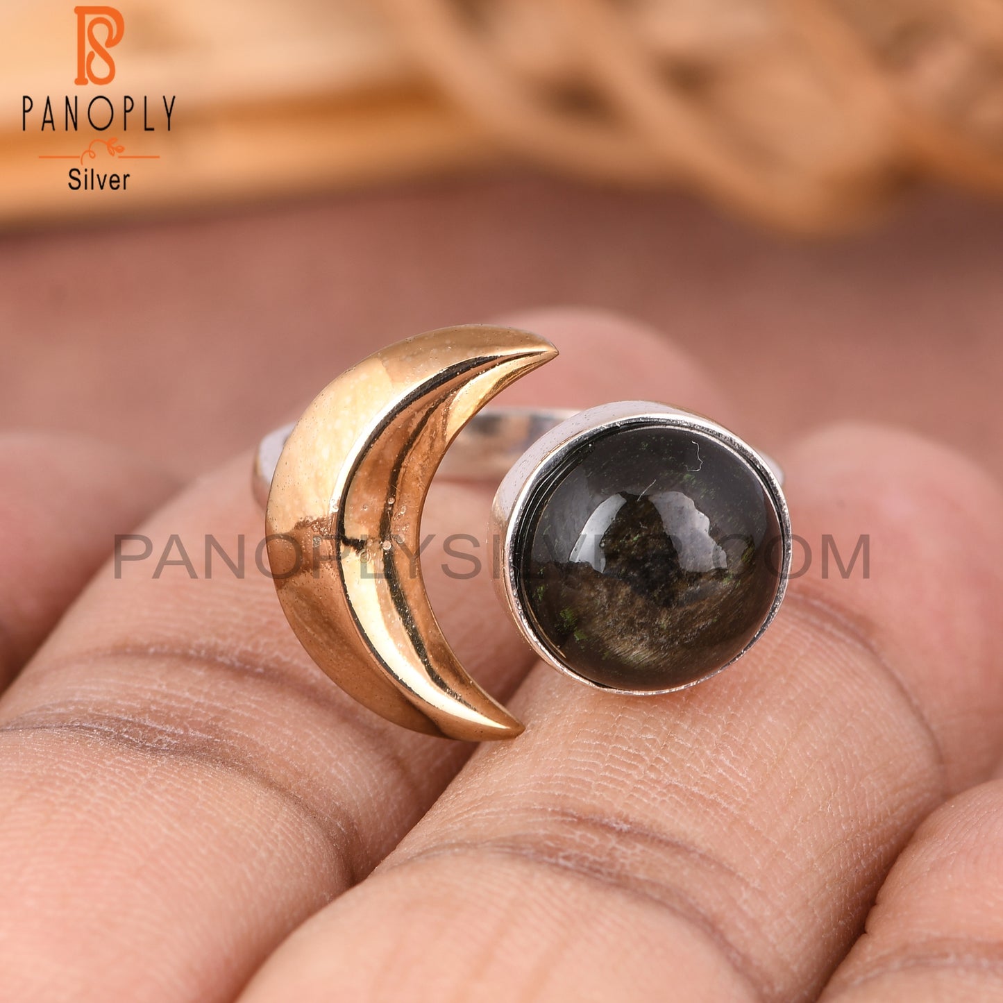 Gold Sheen Obsidian Moon 925 Sterling Silver Ring