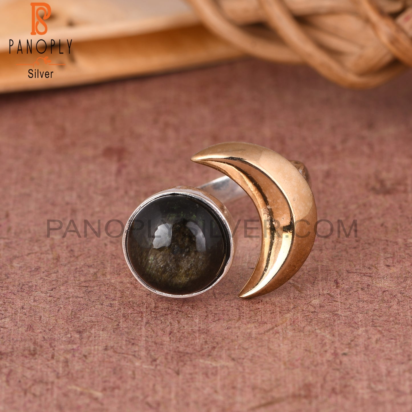 Gold Sheen Obsidian Moon 925 Sterling Silver Ring