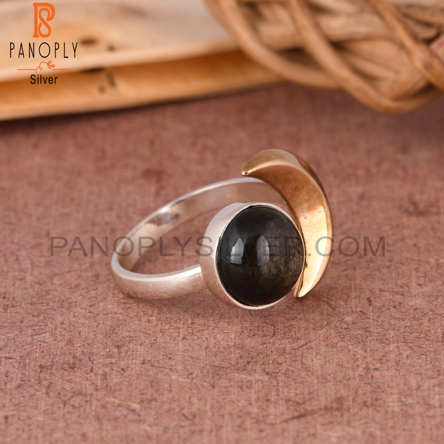 Gold Sheen Obsidian Moon 925 Sterling Silver Ring
