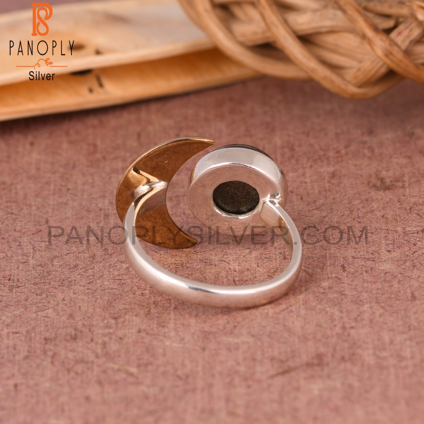 Gold Sheen Obsidian Moon 925 Sterling Silver Ring