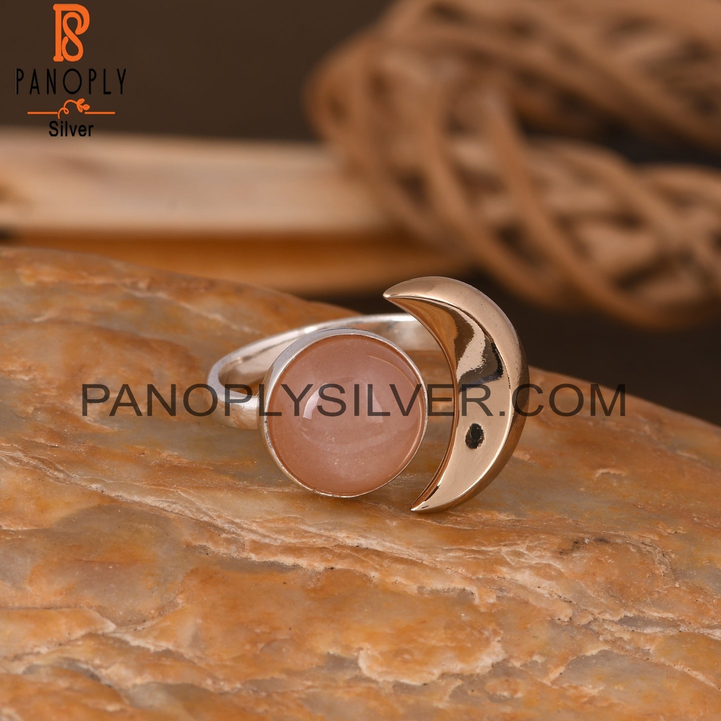 Peach Moonstone Round 925 Sterling Silver Moon Ring