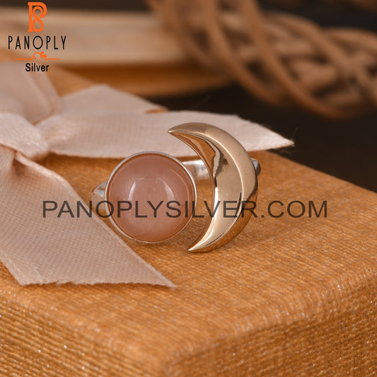 Peach Moonstone Round 925 Sterling Silver Moon Ring