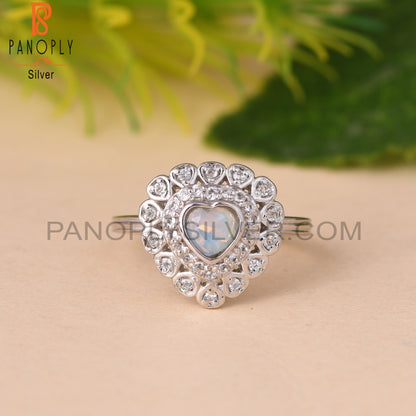 Ethiopian Opal & White Topaz Heart 925 Sterling Silver Ring