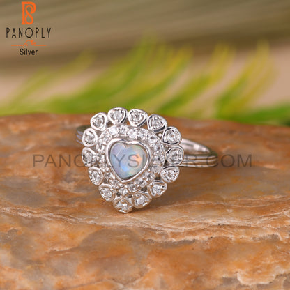 Ethiopian Opal & White Topaz Heart 925 Sterling Silver Ring