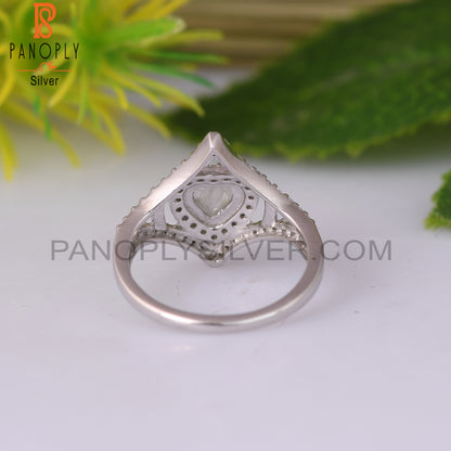 Rainbow Moonstone & White Topaz Heart 925 Sterling Silver Ring