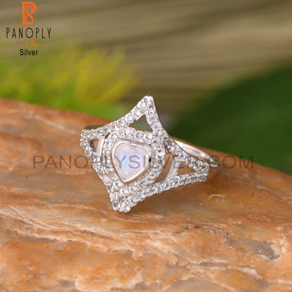 Rainbow Moonstone & White Topaz Heart 925 Sterling Silver Ring