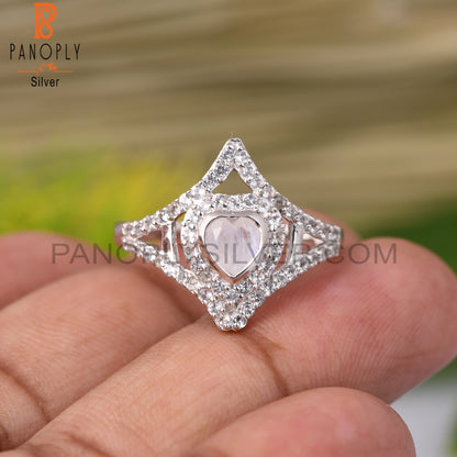Rainbow Moonstone & White Topaz Heart 925 Sterling Silver Ring