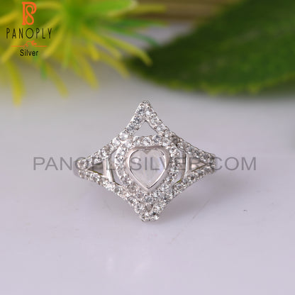 Rainbow Moonstone & White Topaz Heart 925 Sterling Silver Ring