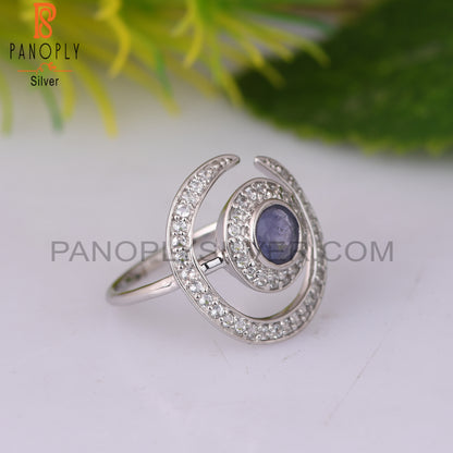 White Topaz & Tanzanite Round 925 Sterling Silver Ring