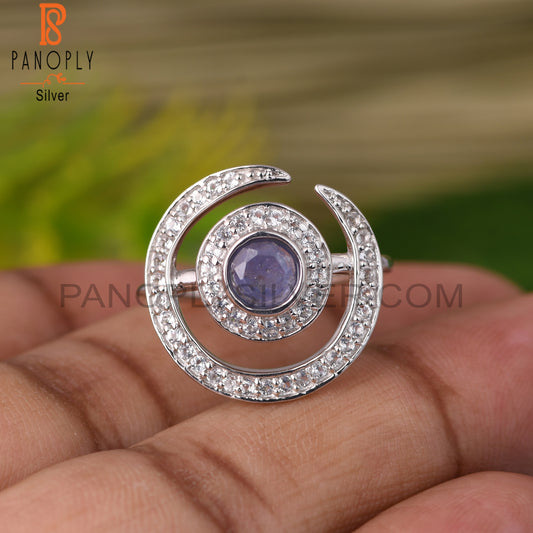 White Topaz & Tanzanite Round 925 Sterling Silver Ring