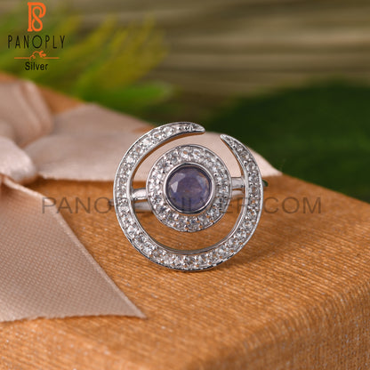 White Topaz & Tanzanite Round 925 Sterling Silver Ring