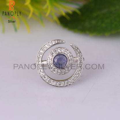 White Topaz & Tanzanite Round 925 Sterling Silver Ring