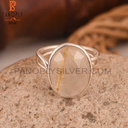 Golden Rutile Oval 925 Sterling Silver Band Ring