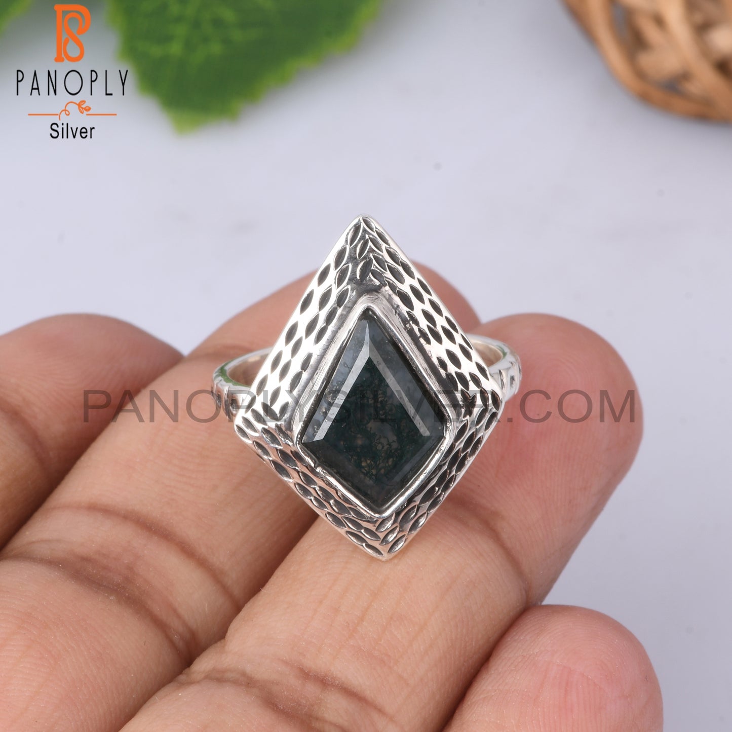 Moss Agate Kite Shape 925 Sterling Silver Ring