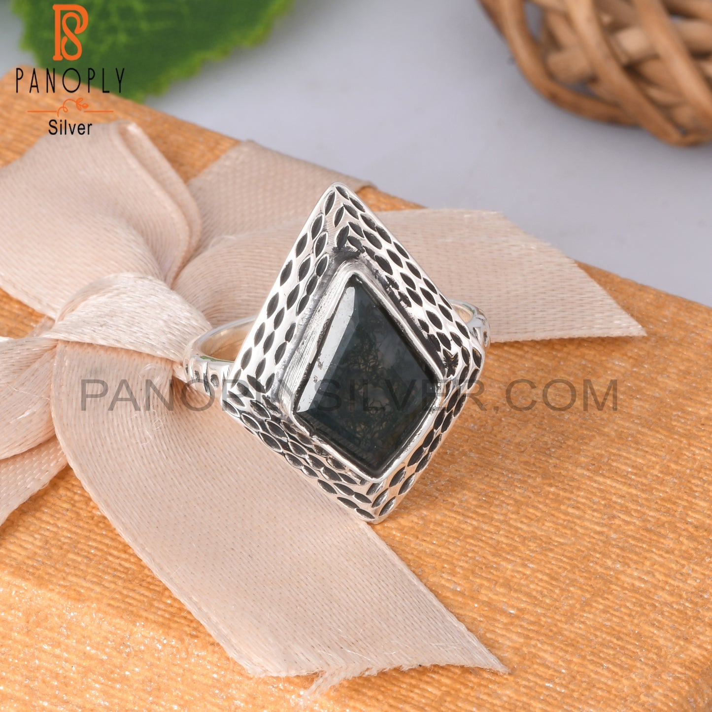 Moss Agate Kite Shape 925 Sterling Silver Ring