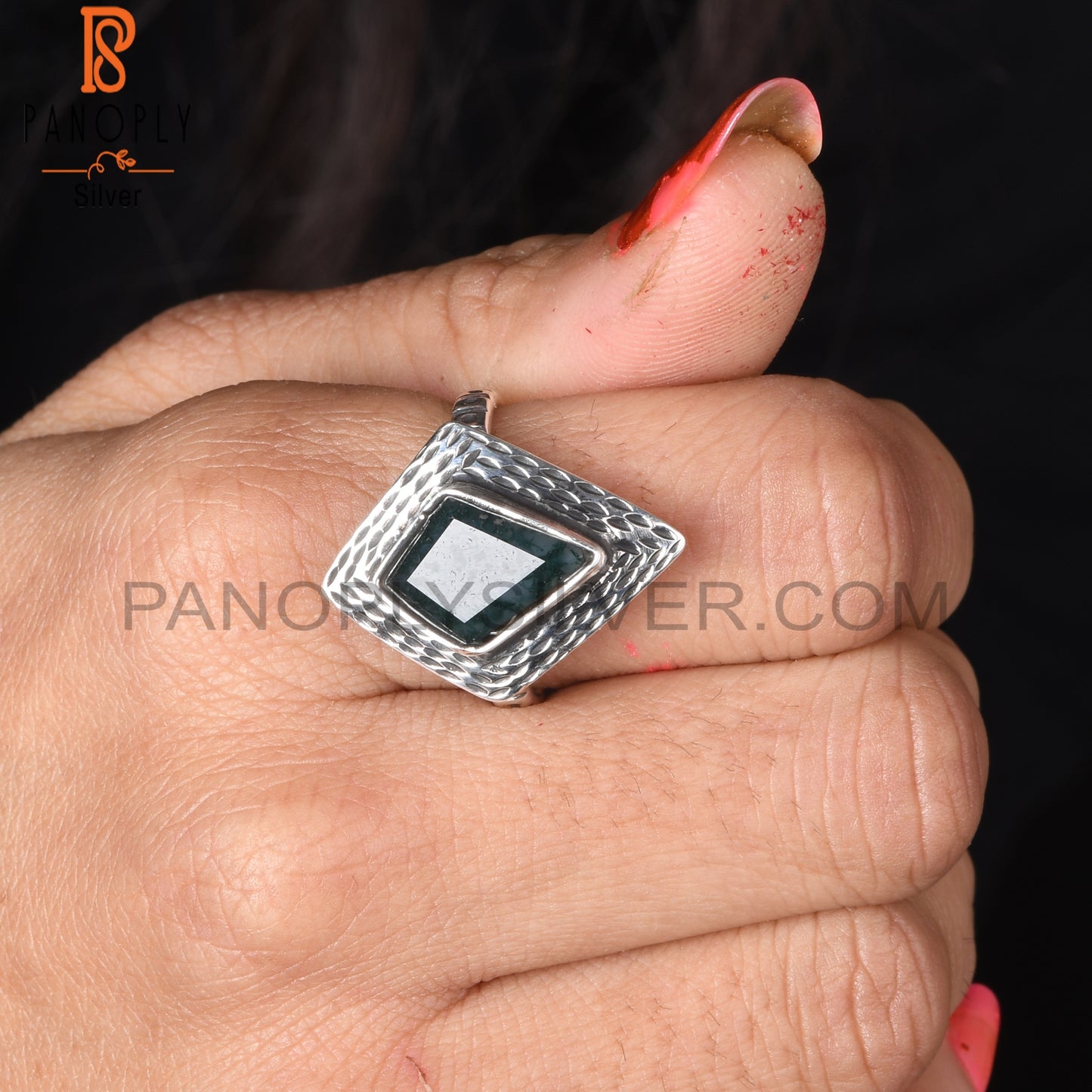 Moss Agate Kite Shape 925 Sterling Silver Ring