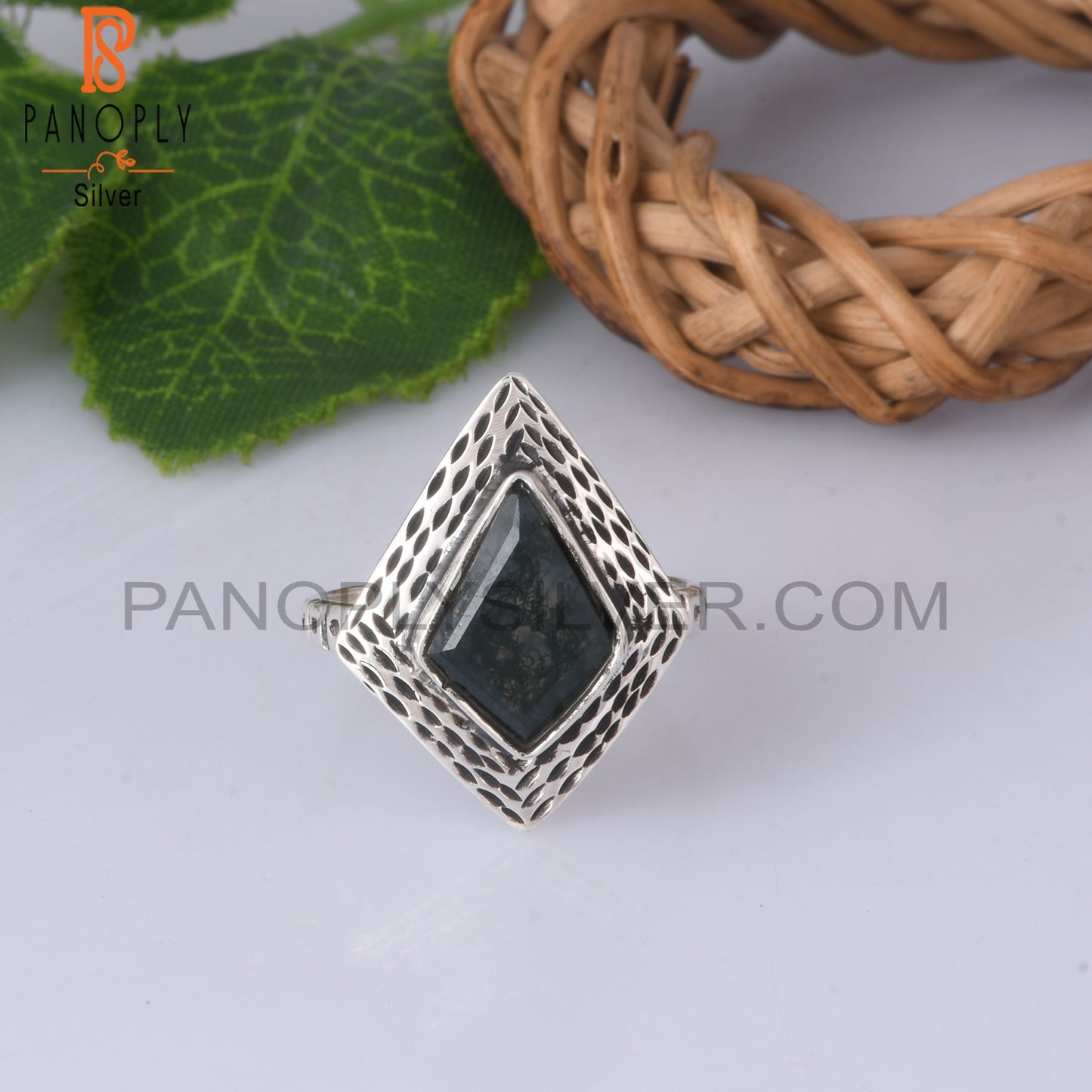 Moss Agate Kite Shape 925 Sterling Silver Ring