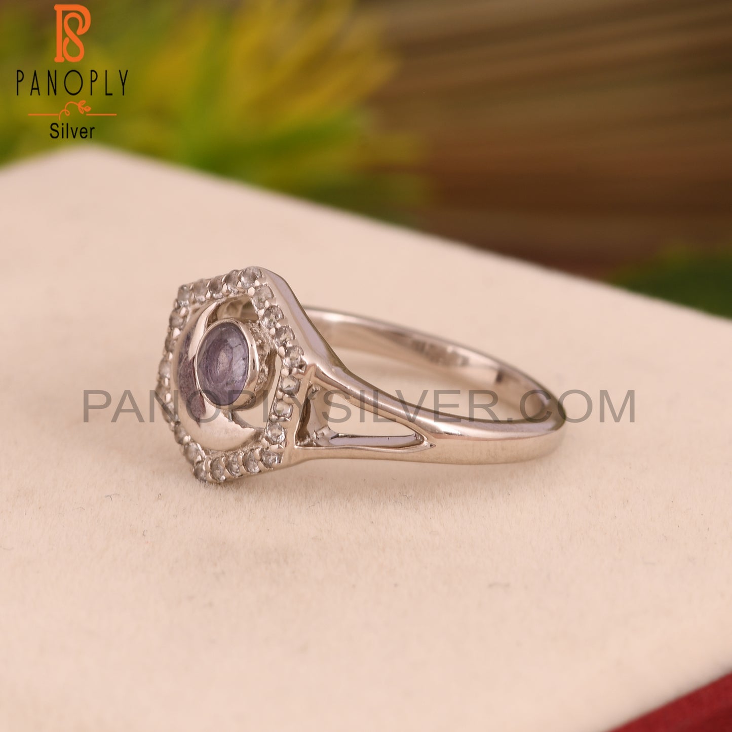 Tanzanite & White Topaz Moon 925 Sterling Silver Ring