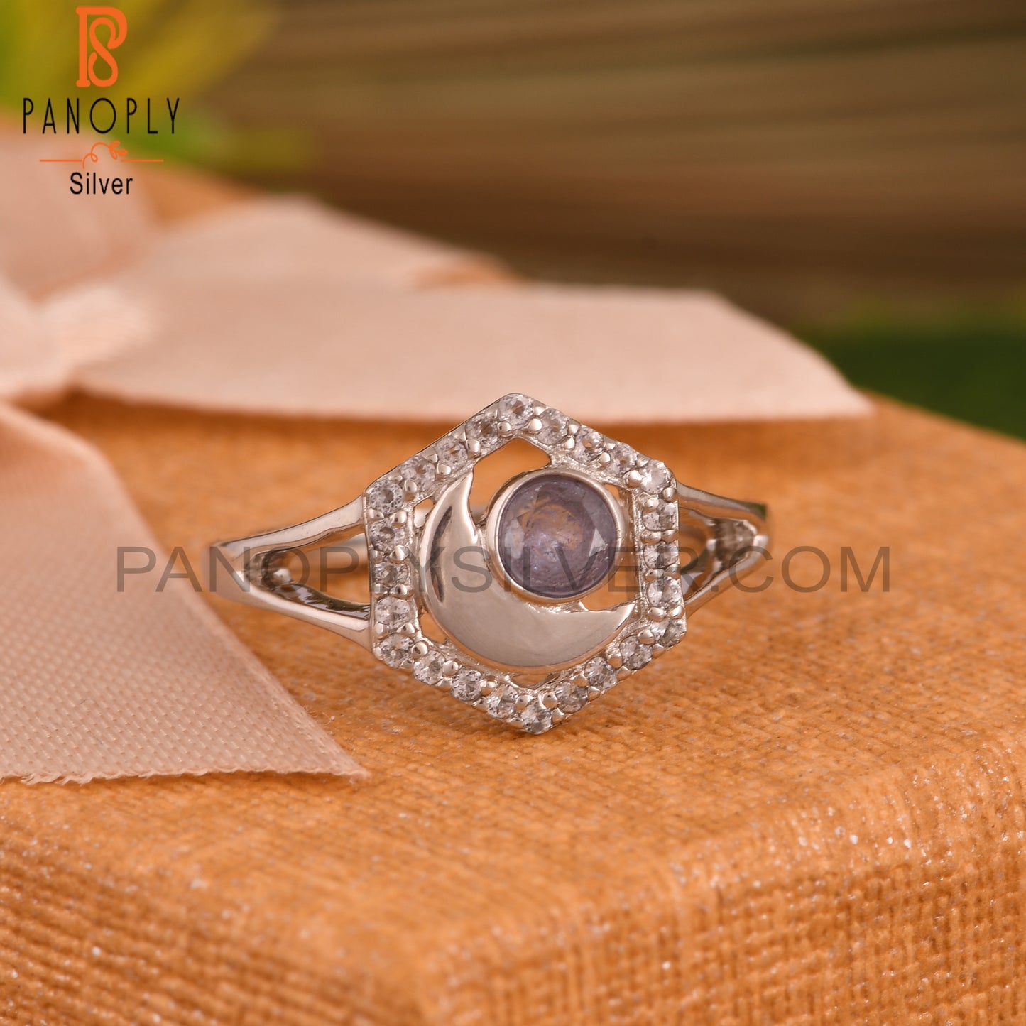 Tanzanite & White Topaz Moon 925 Sterling Silver Ring