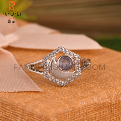 Tanzanite & White Topaz Moon 925 Sterling Silver Ring