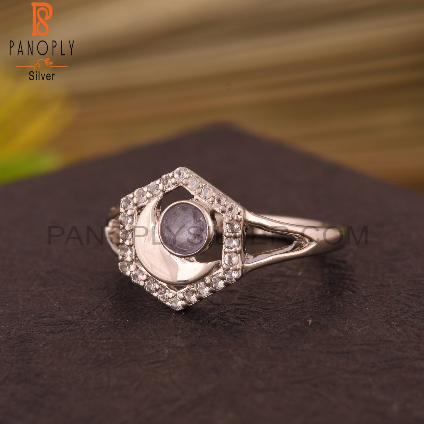 Tanzanite & White Topaz Moon 925 Sterling Silver Ring