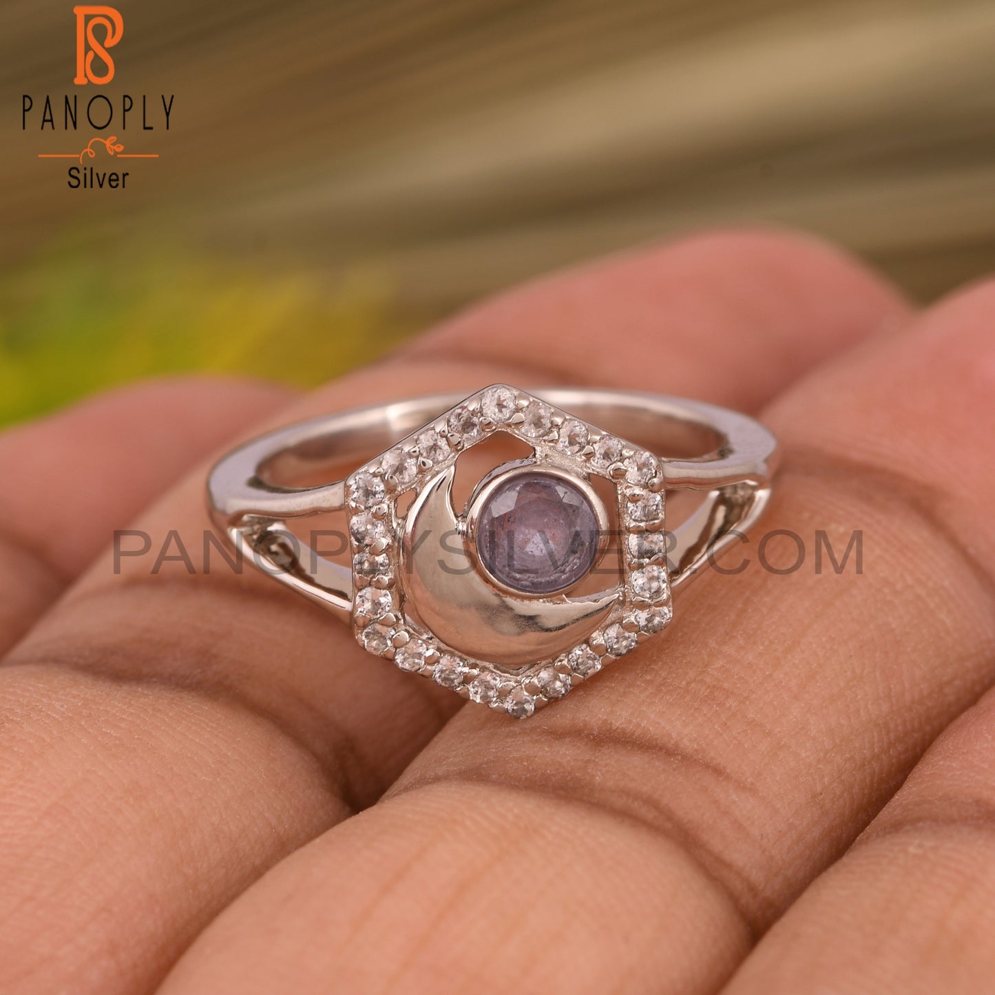 Tanzanite & White Topaz Moon 925 Sterling Silver Ring