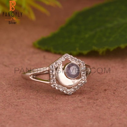 Tanzanite & White Topaz Moon 925 Sterling Silver Ring