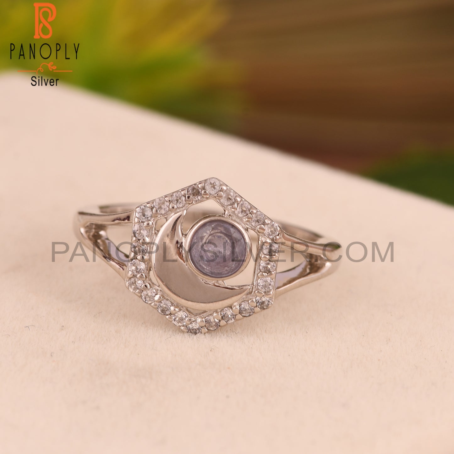 Tanzanite & White Topaz Moon 925 Sterling Silver Ring