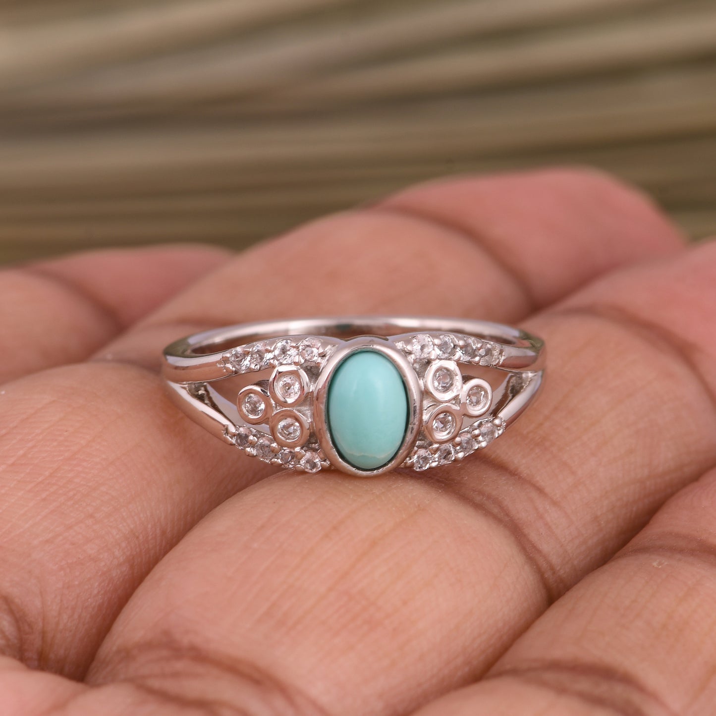 Arizona Turquoise & White Topaz S 925 Oval Shape Ring