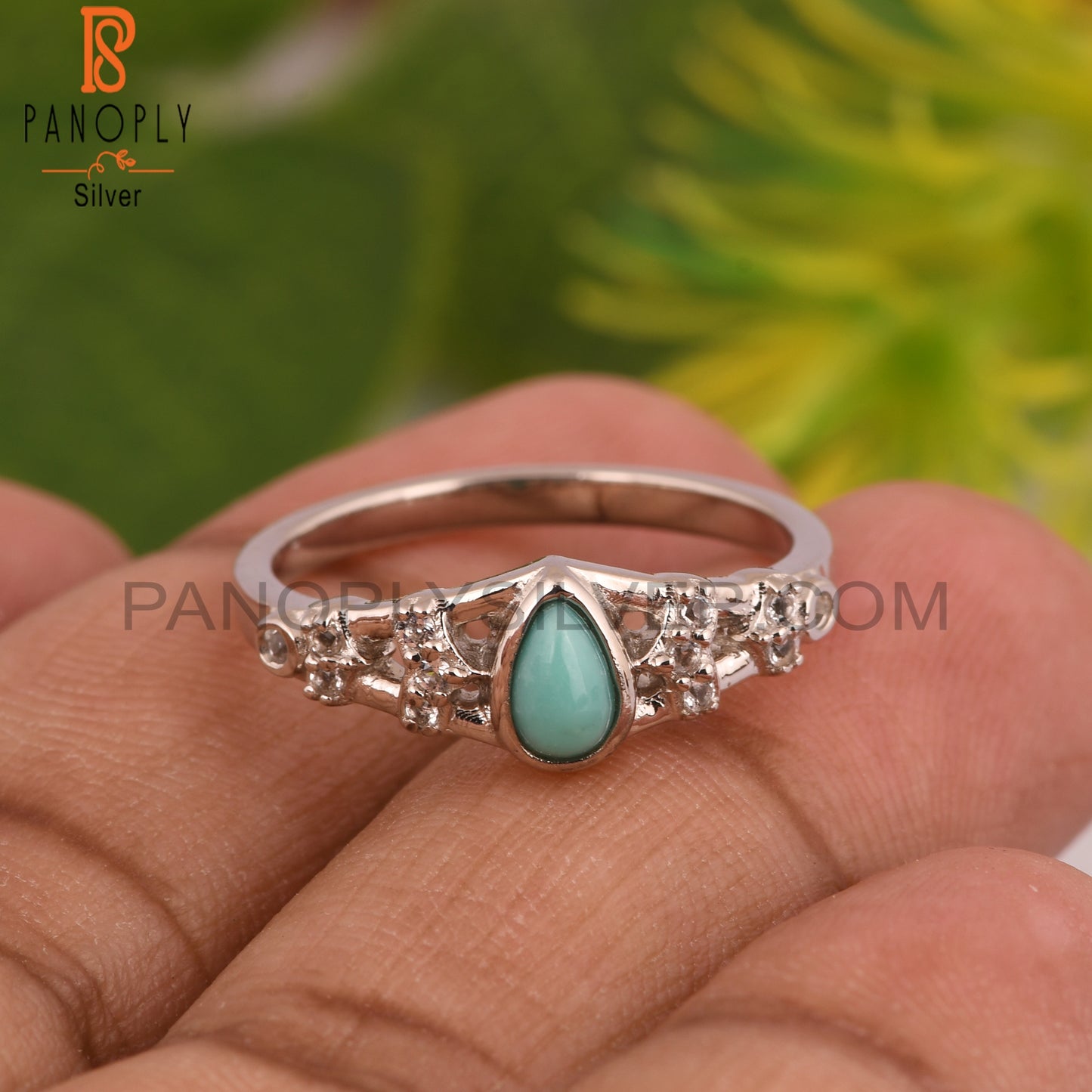 Arizona Turquoise & White Topaz S 925 Pear Ring