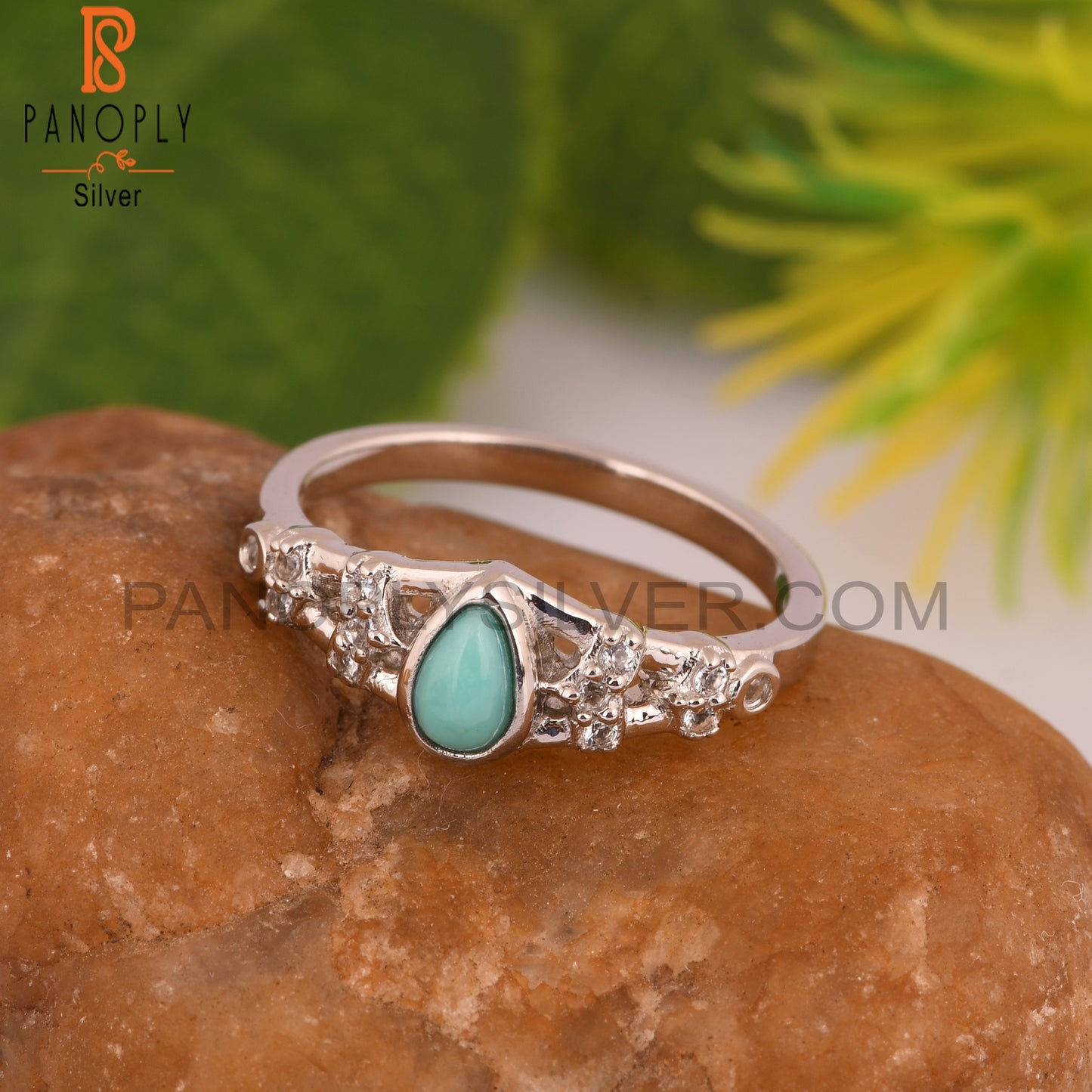 Arizona Turquoise & White Topaz S 925 Pear Ring