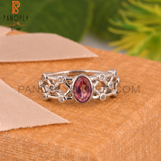 White Topaz & Pink Topaz Oval 925 Sterling Silver Cross Ring