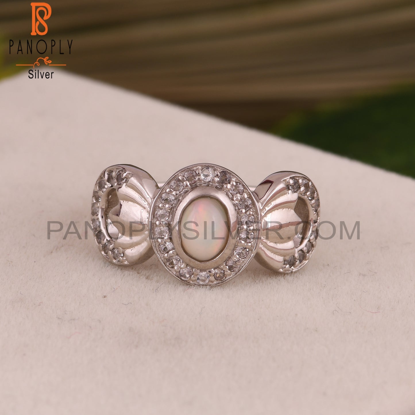 White Topaz & Ethiopian Opal Flower 925 Sterling Silver Ring