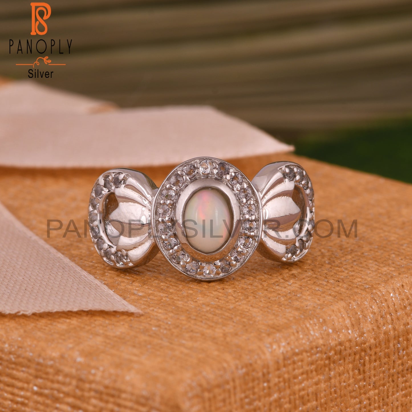 White Topaz & Ethiopian Opal Flower 925 Sterling Silver Ring