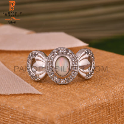 White Topaz & Ethiopian Opal Flower 925 Sterling Silver Ring