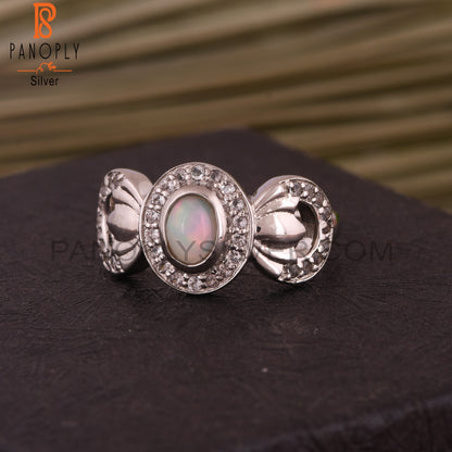 White Topaz & Ethiopian Opal Flower 925 Sterling Silver Ring