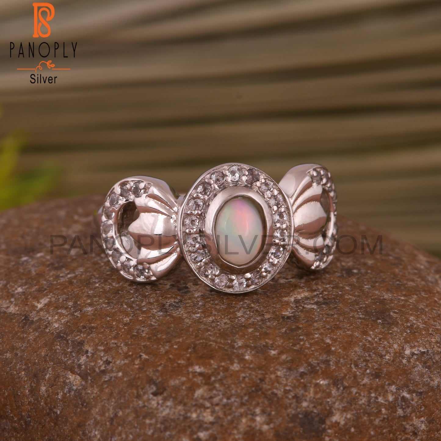 White Topaz & Ethiopian Opal Flower 925 Sterling Silver Ring