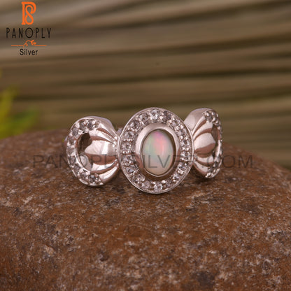 White Topaz & Ethiopian Opal Flower 925 Sterling Silver Ring