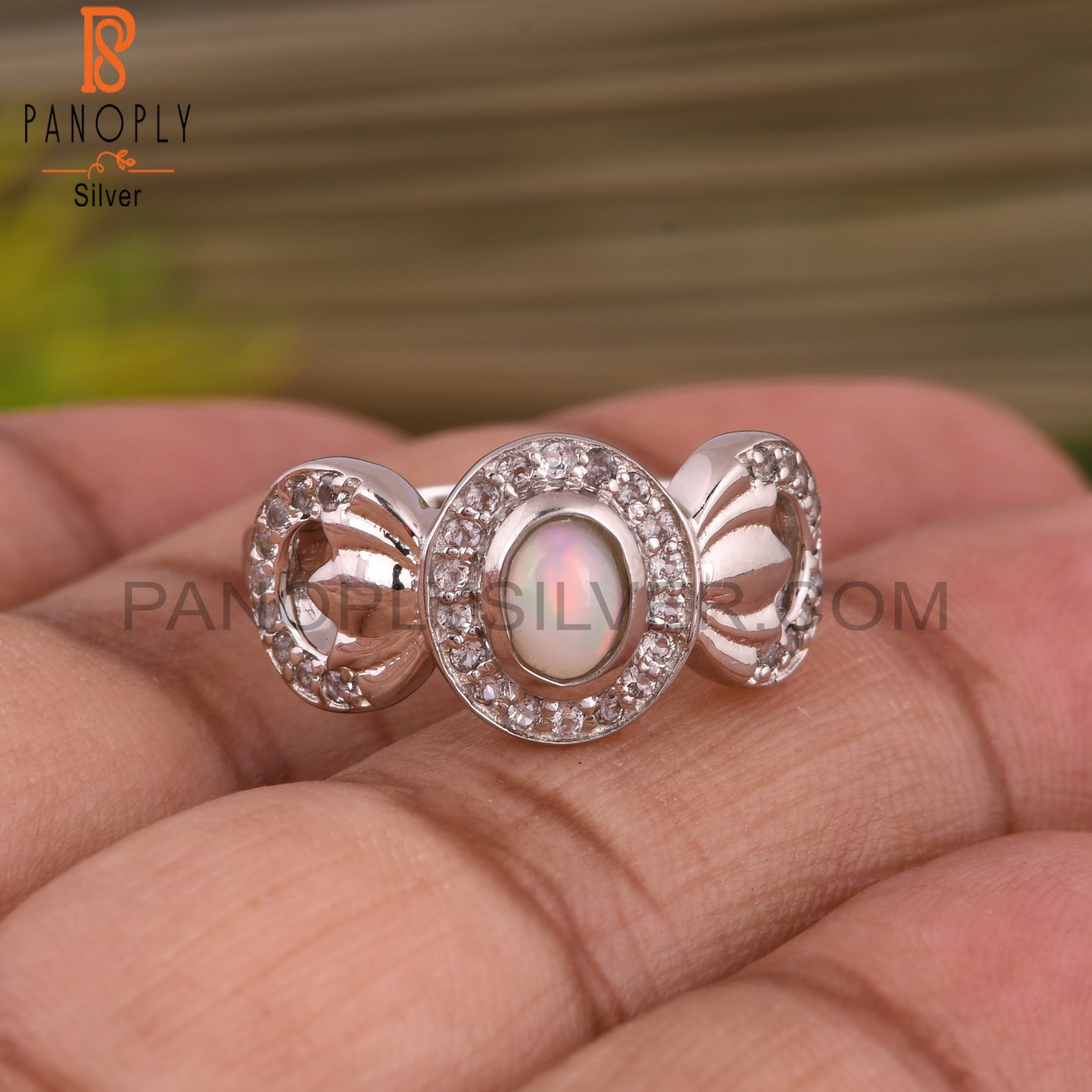 White Topaz & Ethiopian Opal Flower 925 Sterling Silver Ring
