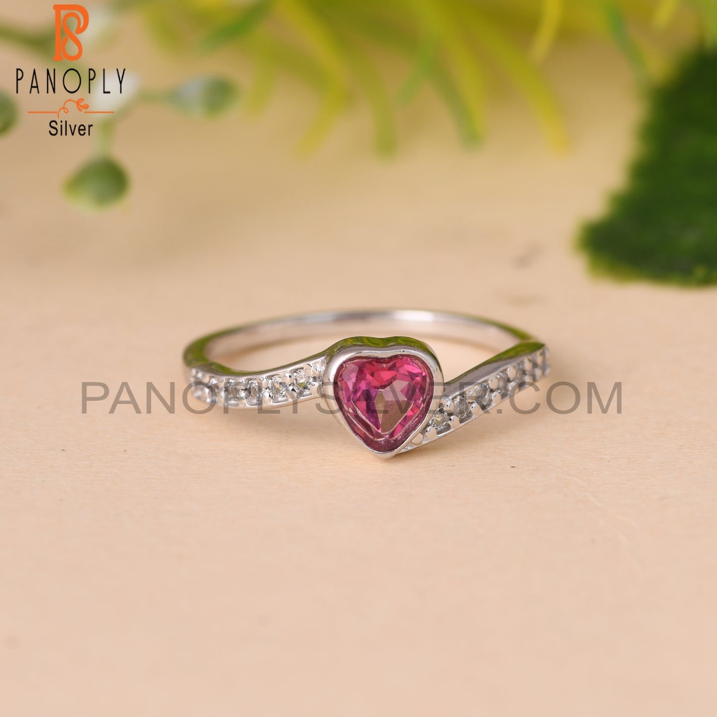 Pink Topaz & White Topaz Heart 925 Sterling Silver Ring